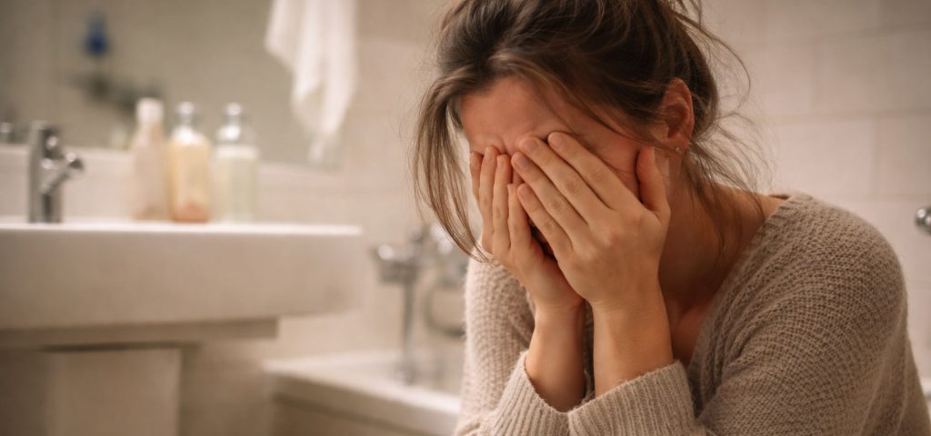 Femme en pleure dans sa salle de bain